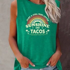 NEW Rainboe & Letter Print Tank Top! Large 8/10 Sunshine and Taco Tank Green